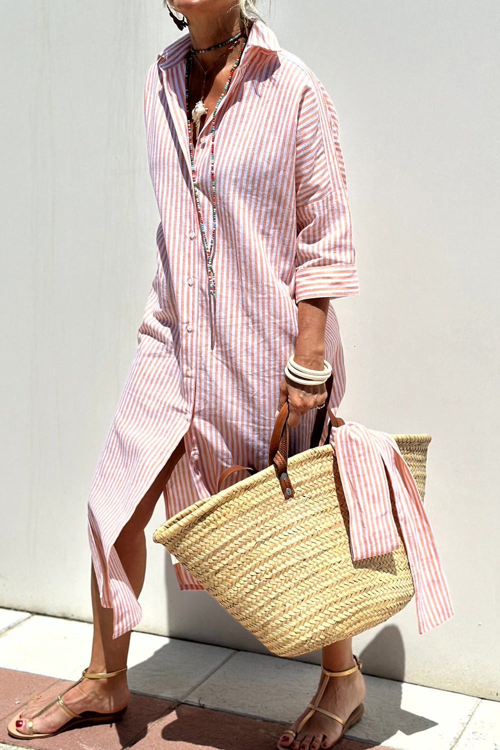 Collared Button Front Roll-Tab Sleeve Striped Shirt Maxi Dress