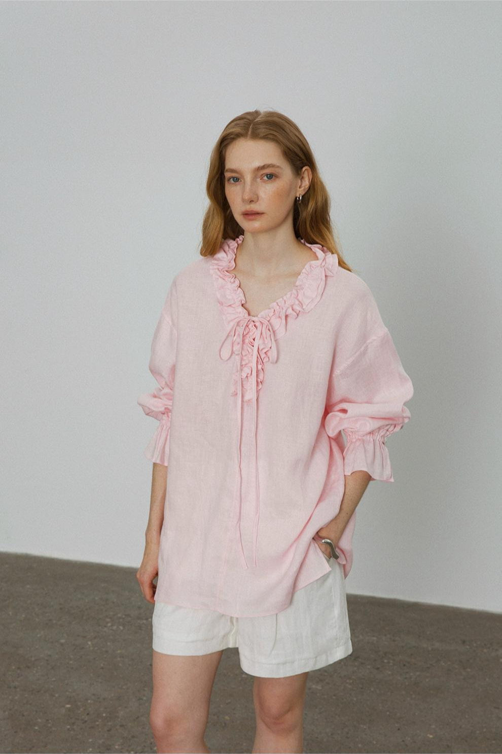 Linen Ruffle Tie Front Blouse
