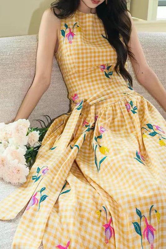 Vintage Heavy Floral Embroidery Tie Waist Sleeveless Long Floral Dress