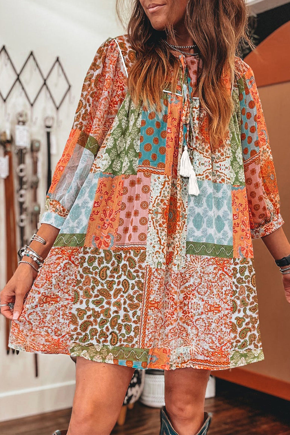 Orange Boho Paisley Mixed Print 3 4 Sleeve Chiffon Loose Dress