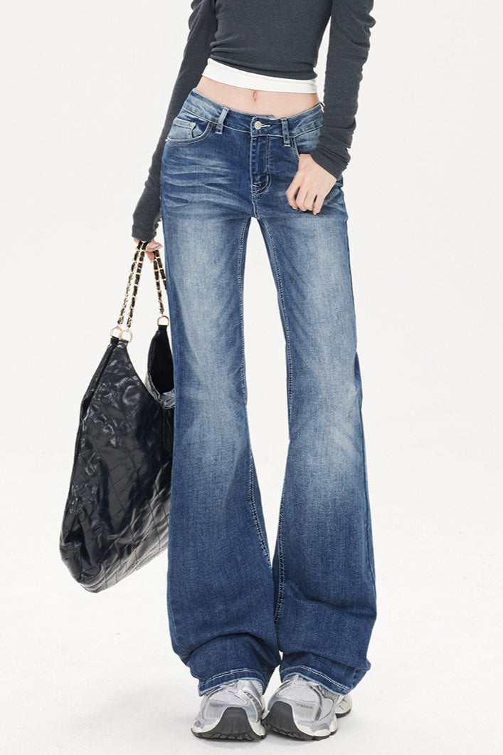 Washed Whisker Slim Straight Jeans