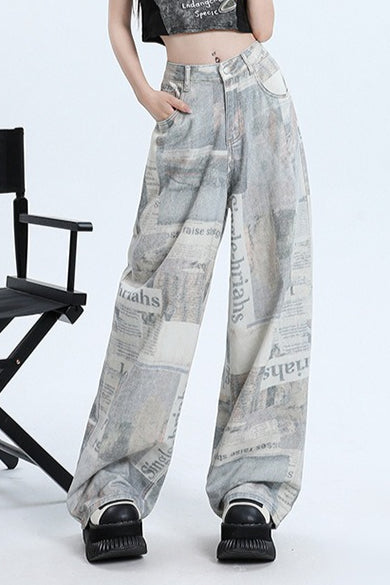 Newspaper Print Wide Leg Jeans