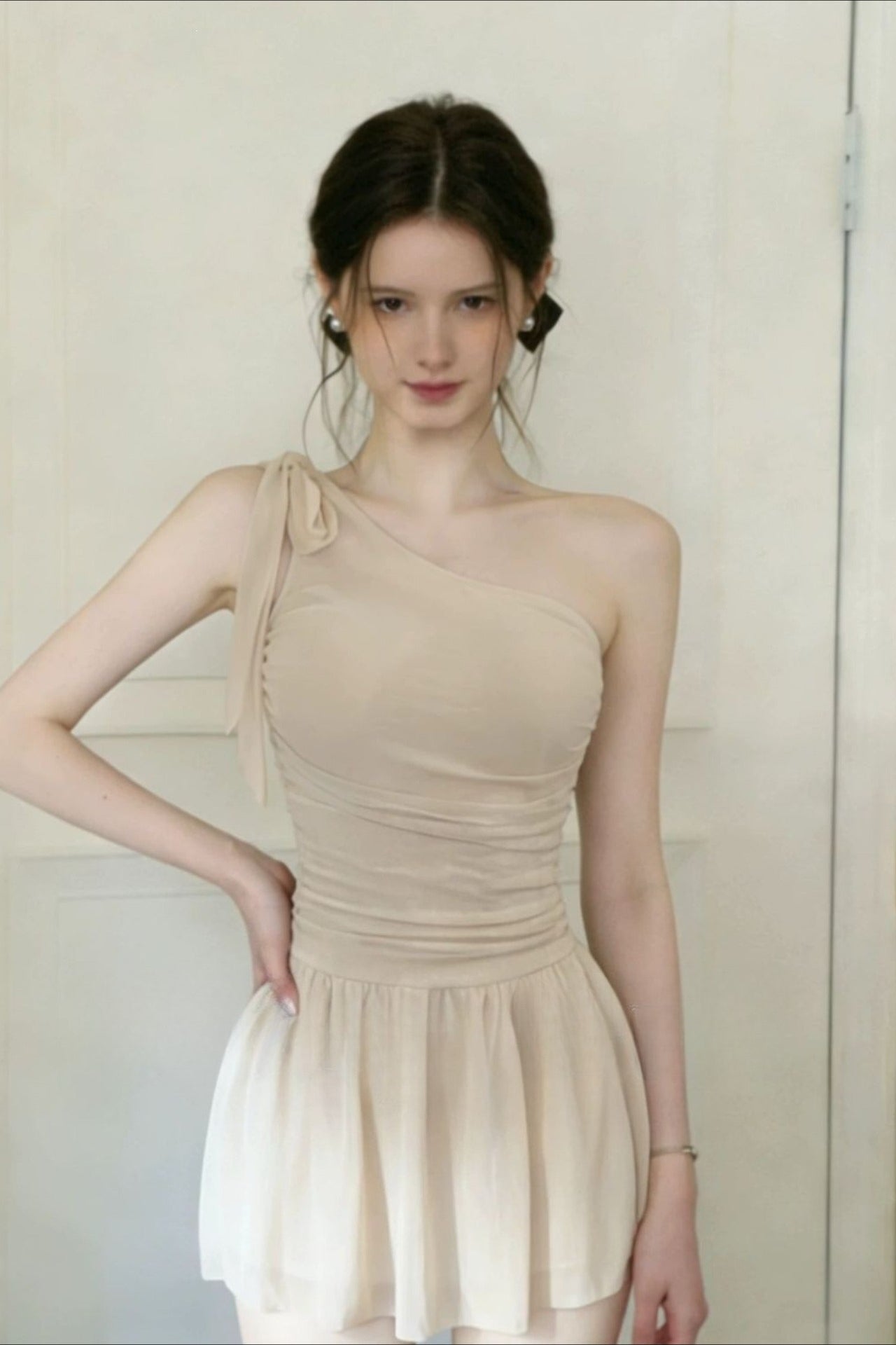 Romantic Solid Waist Cinch One Shoulder Bow One Piece Swimwear