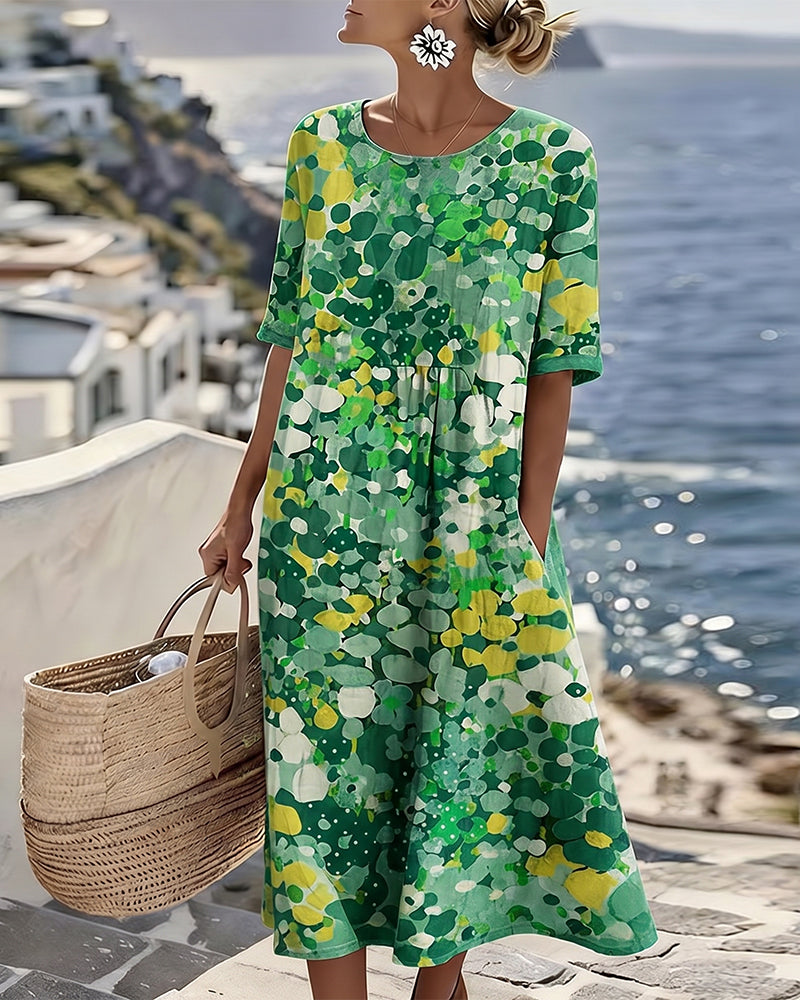Round Neck Watercolor Floral Print Short Sleeve Pocket A-Line Midi Dress