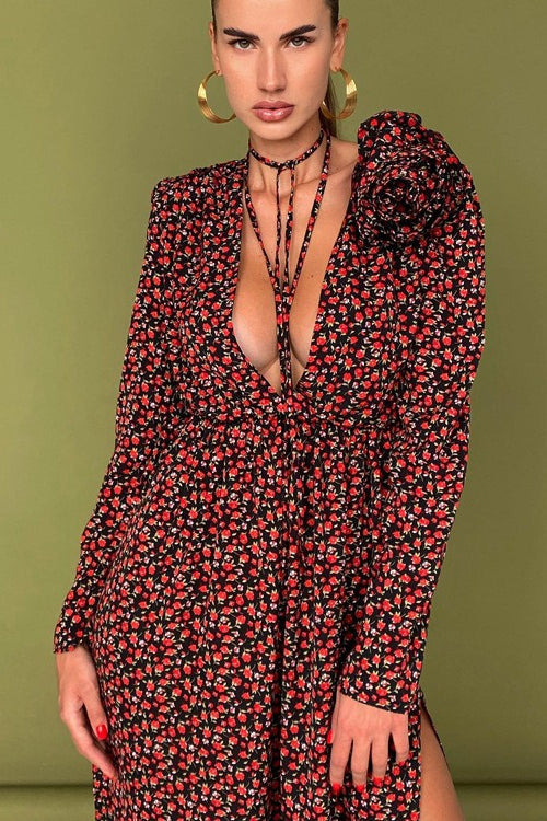 Deep V Neck Long Sleeve 3D Flower Applique High Slit Maxi Dress 4