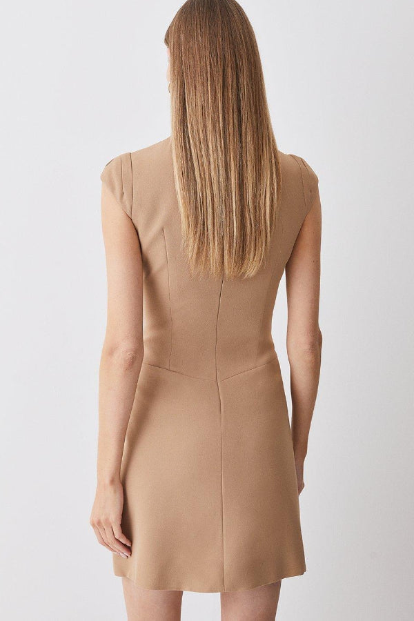 Ariana Chic Military Style Mini Dress with Cap Sleeves, Stand Up Collar and Patchwork Pleated Hem Silhouette Collection