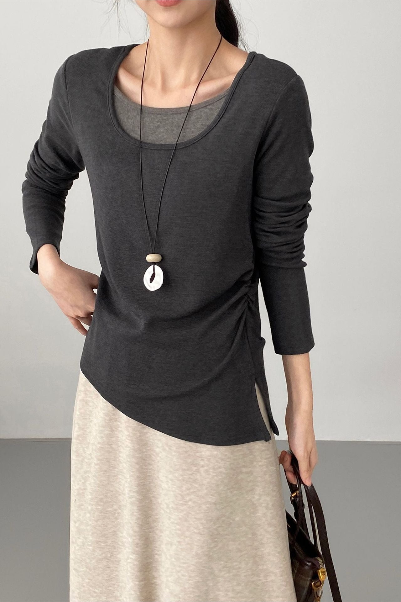 Chic Fleece Fake Two-Piece Split Hem Slim Base Layer