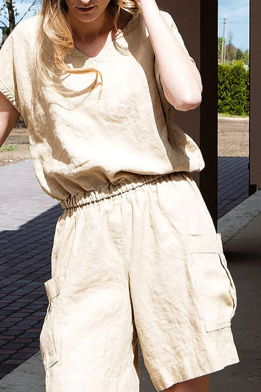 Linen Cargo Elastic Waist Pants