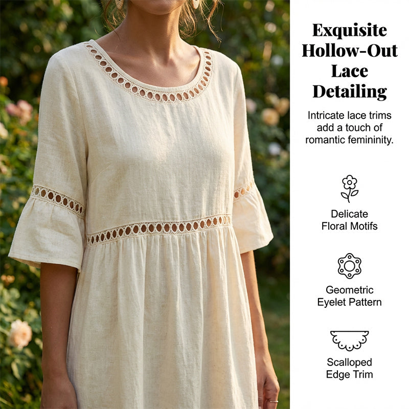 Round Neck Crochet Lace Trim Bell Sleeve Empire Waist Midi Dress 4