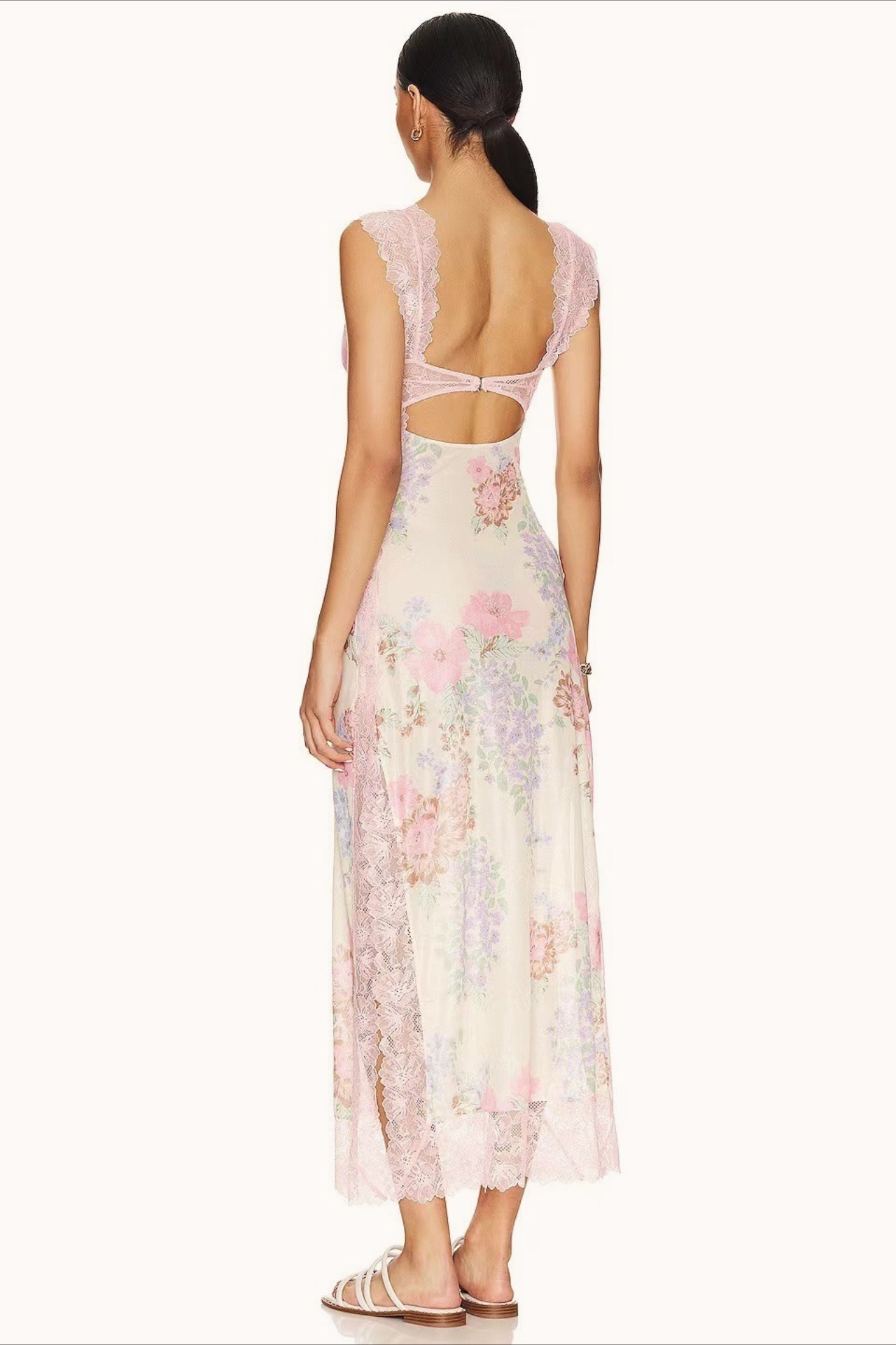 Sweetheart Lace Cap Sleeve Triangle Cutout Floral Print Bodycon Midi Dress 10