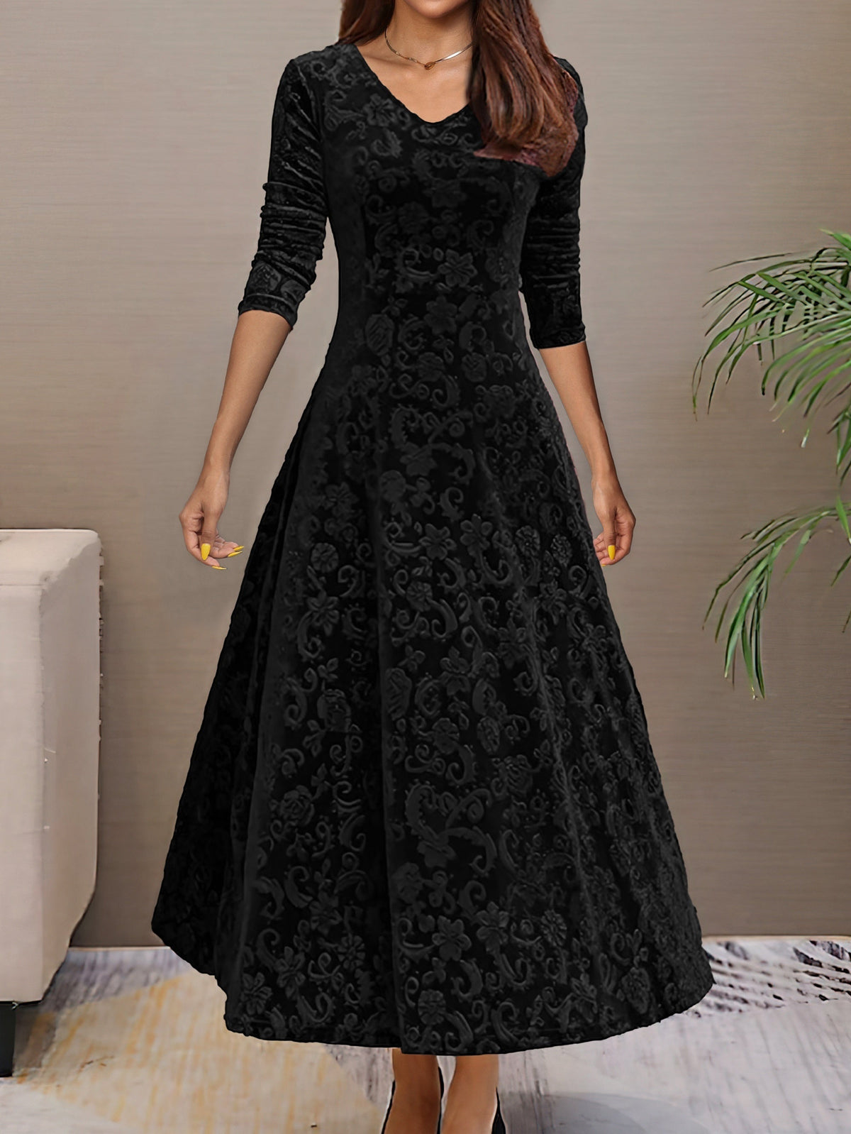 V-Neck Floral Burnout Velvet Long Sleeve A-Line Maxi Dress 2