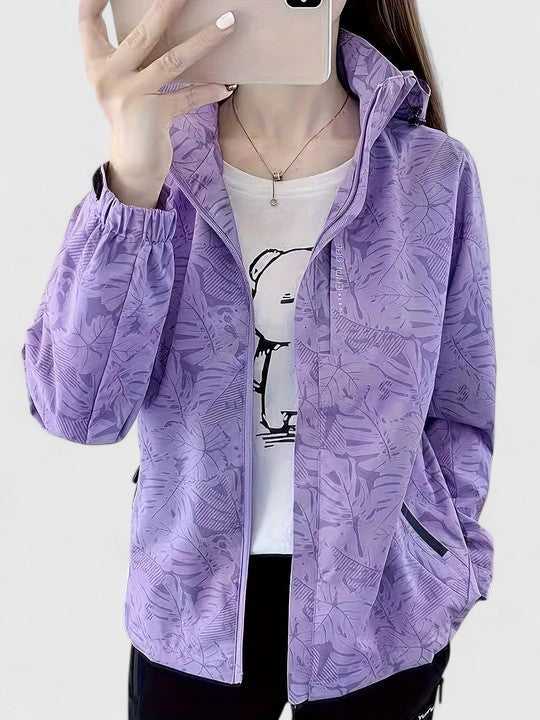 Hooded Tropical Leaf Print Zip Front Long Sleeve Windbreaker Jacket