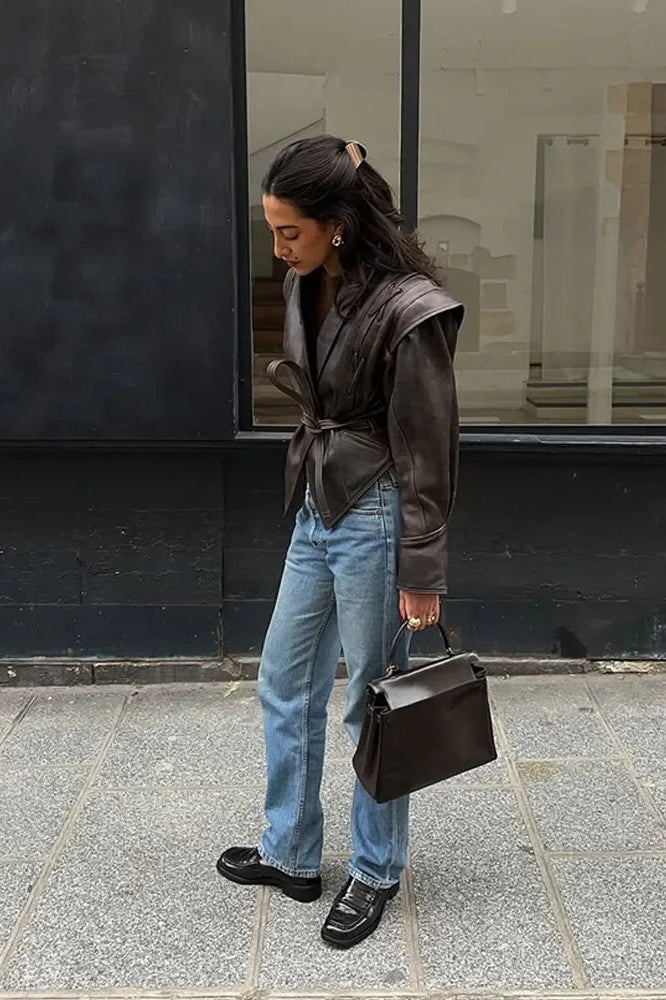 Vintage Vneck Belted Faux Leather Jacket