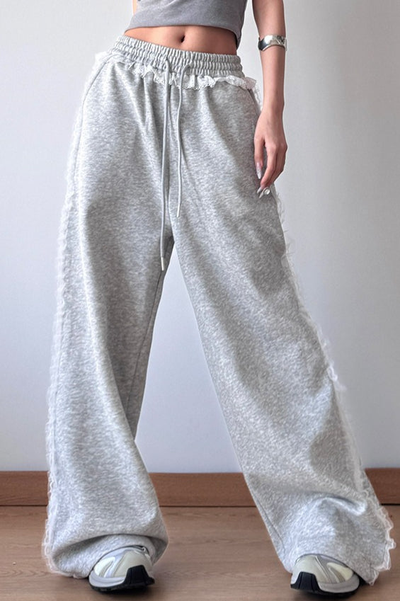 Lace Trim Wide Leg High Waist Pants