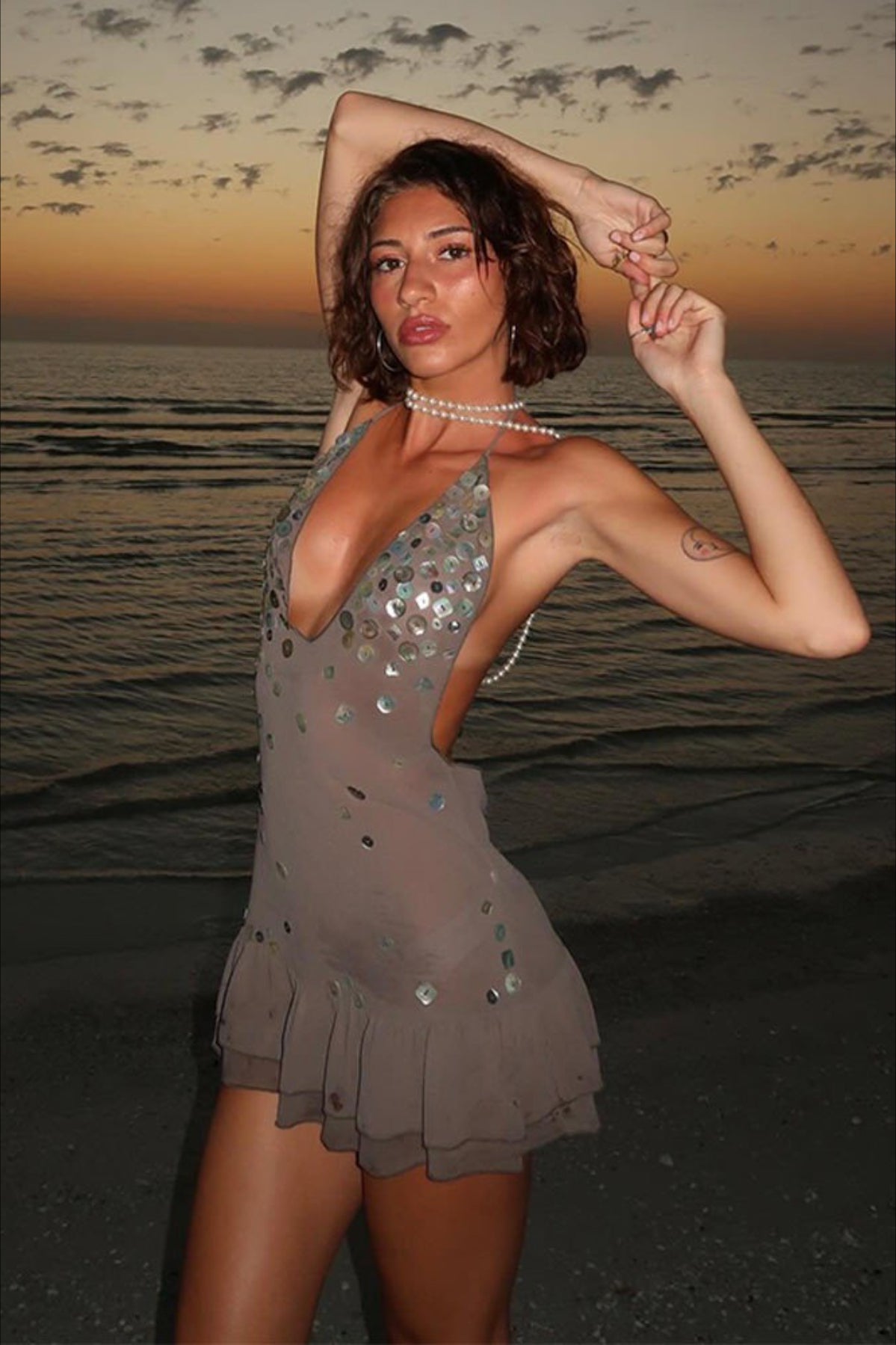 Grey Halter Neck Deep V Backless Sequin Disc Embellished Ruffle Hem Mini Dress 4
