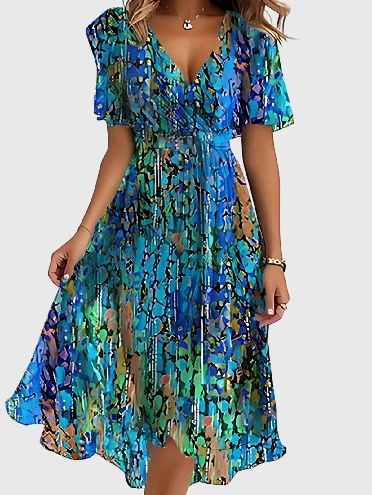 Surplice V-Neck Floral Chiffon Flutter Sleeve Tie Waist Midi Dress 5