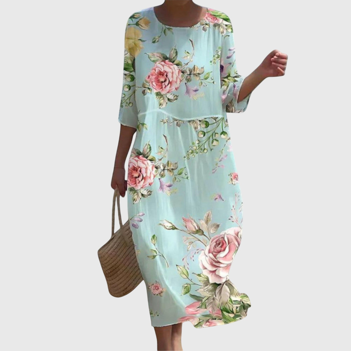 Round Neck Floral Print Three-Quarter Sleeve Shift Midi Dress