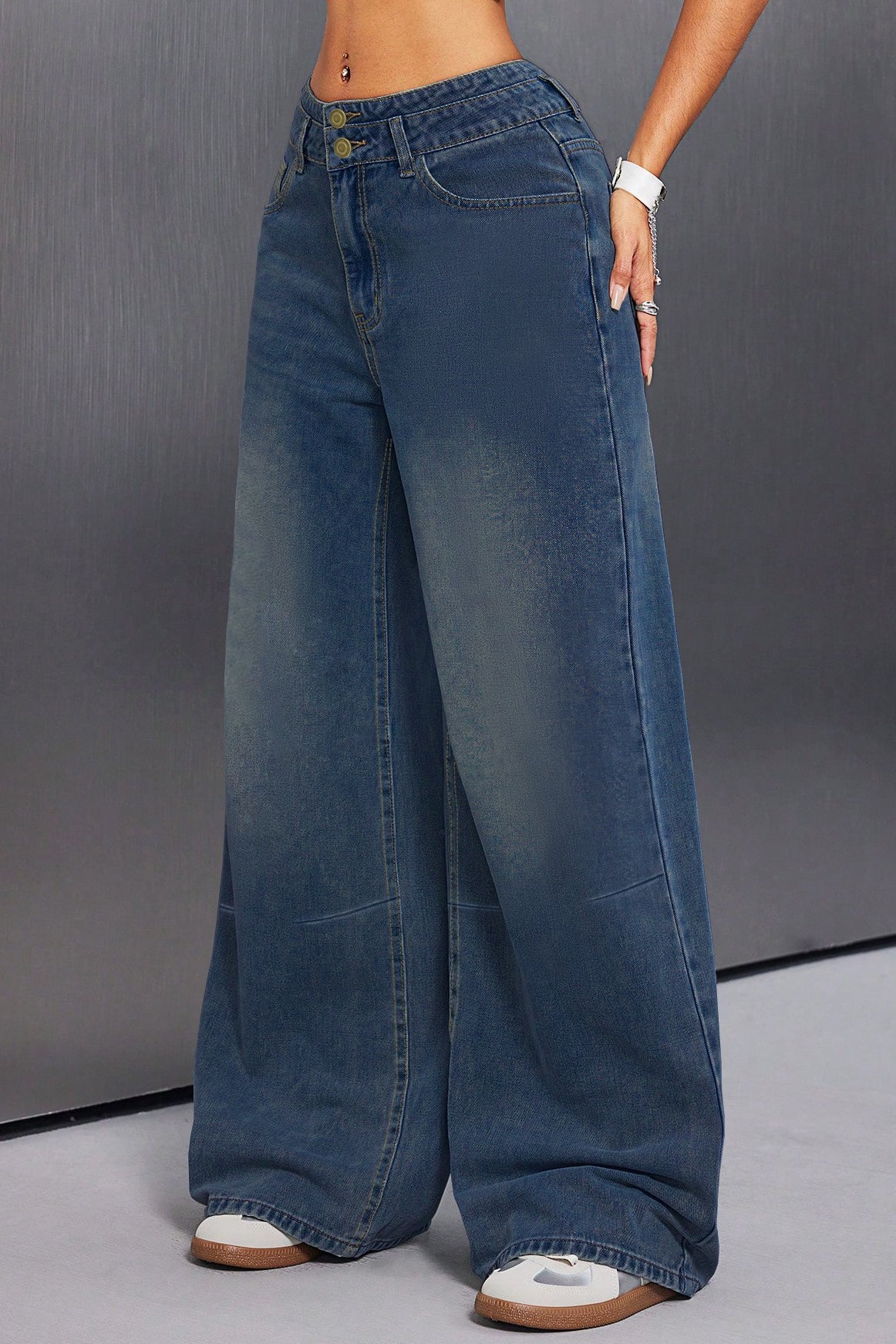 Button Front Vintage Wide Jeans