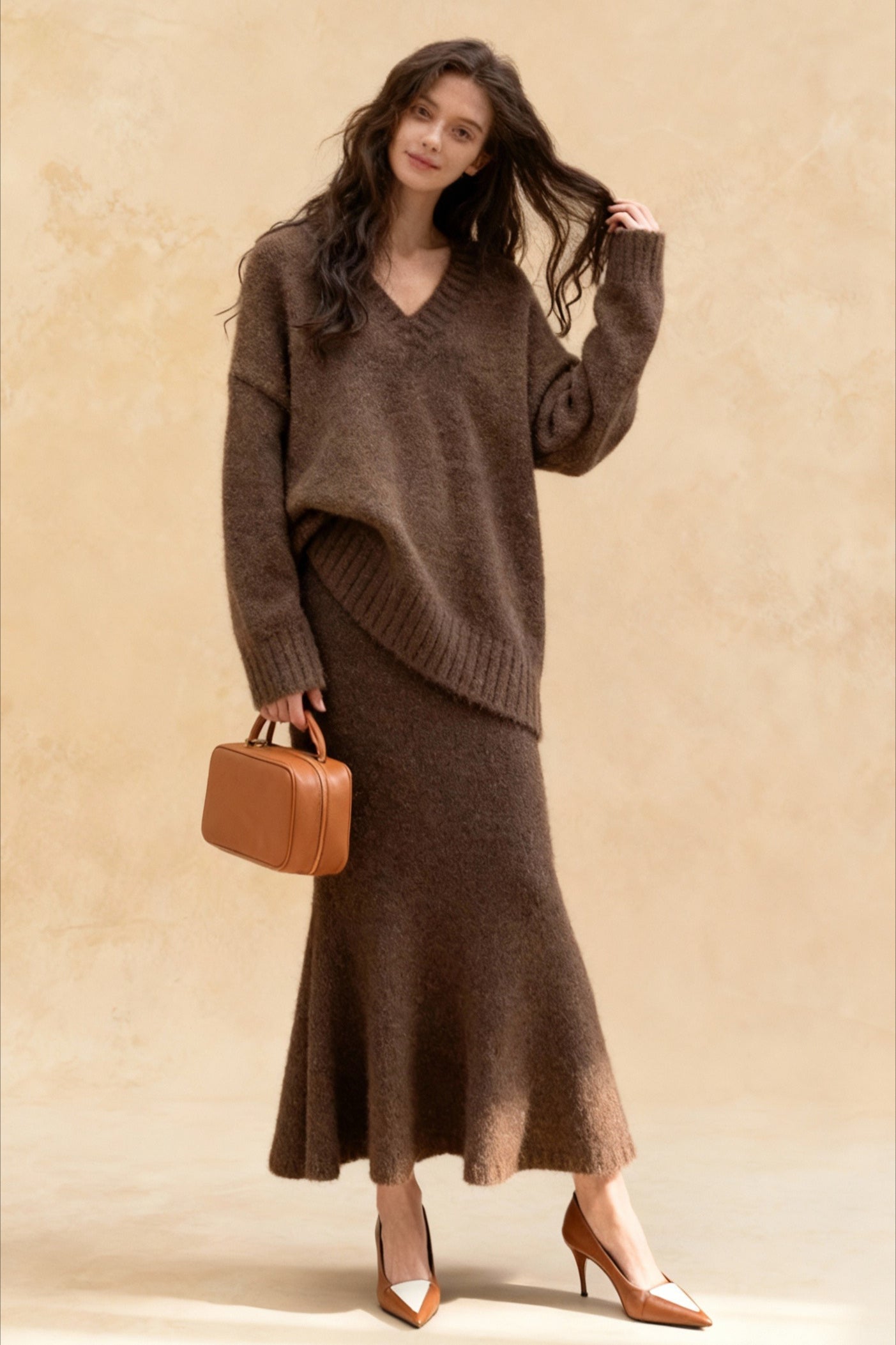 Lazy Vneck Knit Sweater Mermaid Skirt Two Piece Set