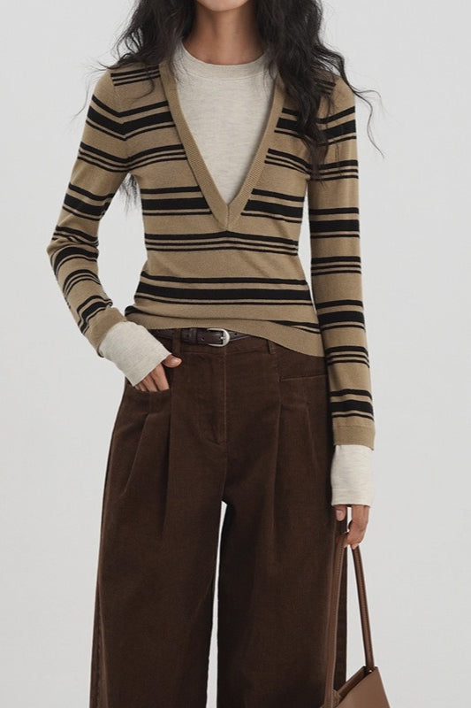 Striped Contrast Panel Deep VNeck Knit Top