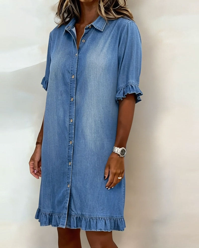 Collared Ruffle Cuff Ruffle Hem Denim Shirt Dress 6