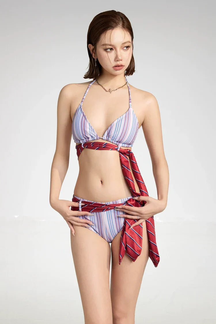 Striped Tie-Front Bikini Set with Long Sleeve Cover-Up