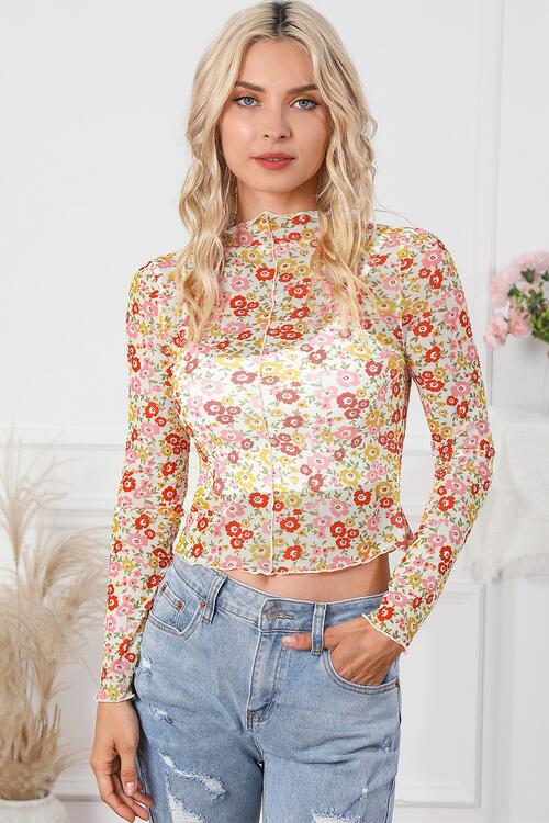 Floral Mock Neck Long Sleeve Blouse Multicolor clothes long sleeve shirt long sleeve shirts long sleeve top long sleeve tops Ship From Overseas shirt shirts SYNZ top tops