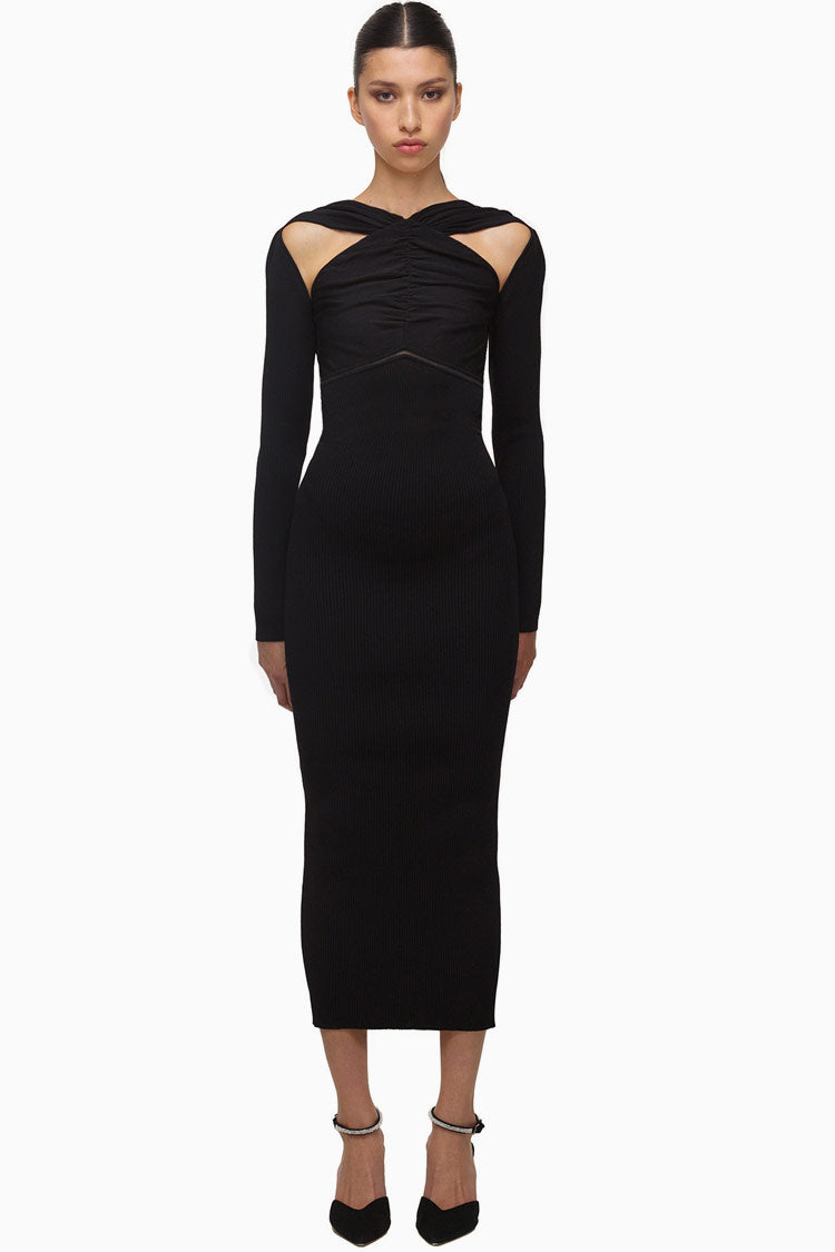 Black Crossover Cutout Long Sleeve Ribbed Knit Bodycon Midi Dress
