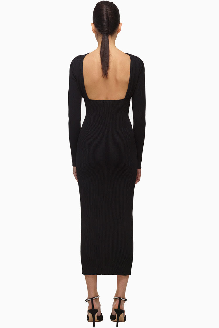 Black Crossover Cutout Long Sleeve Ribbed Knit Bodycon Midi Dress