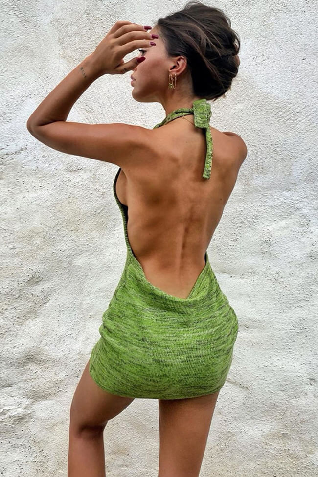 Green Halter Neck Backless Knit Bodycon Mini Dress