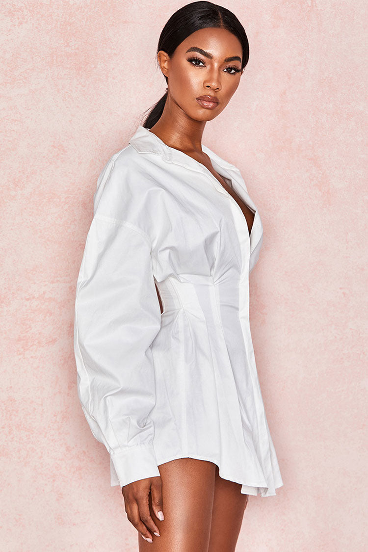 White Collared Balloon Sleeve Cinch Waist Button Down Shirt Mini Dress