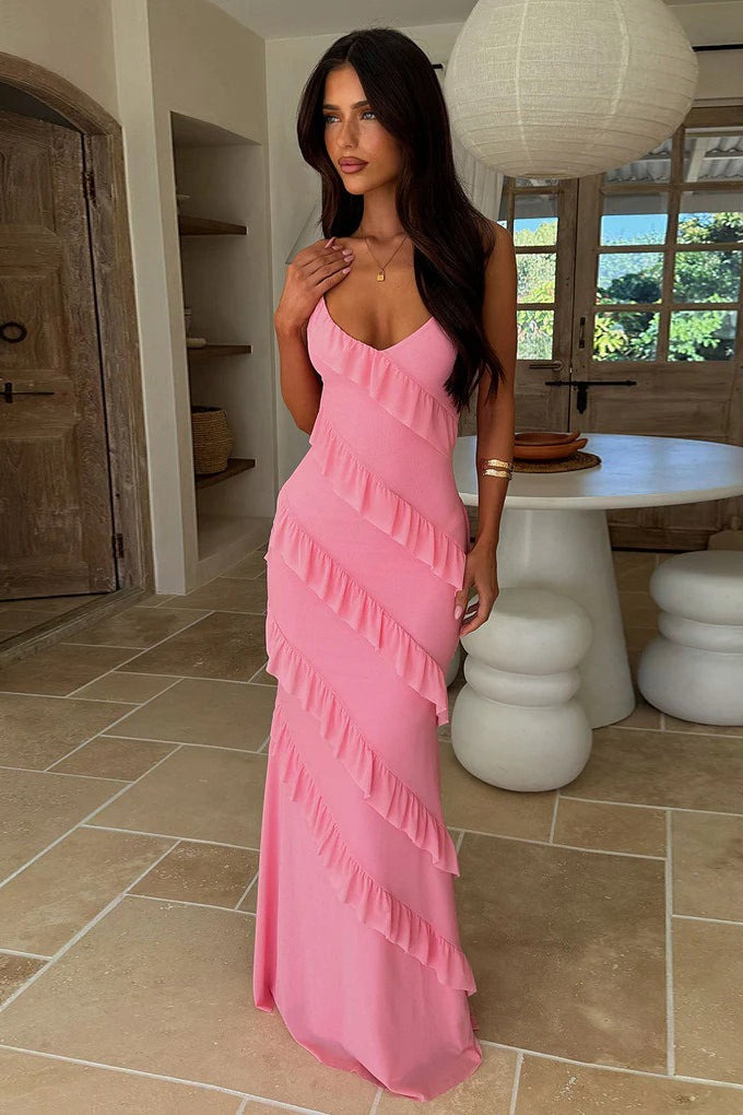 V Neck Open Back Side Split Wave Slim Slip Dress