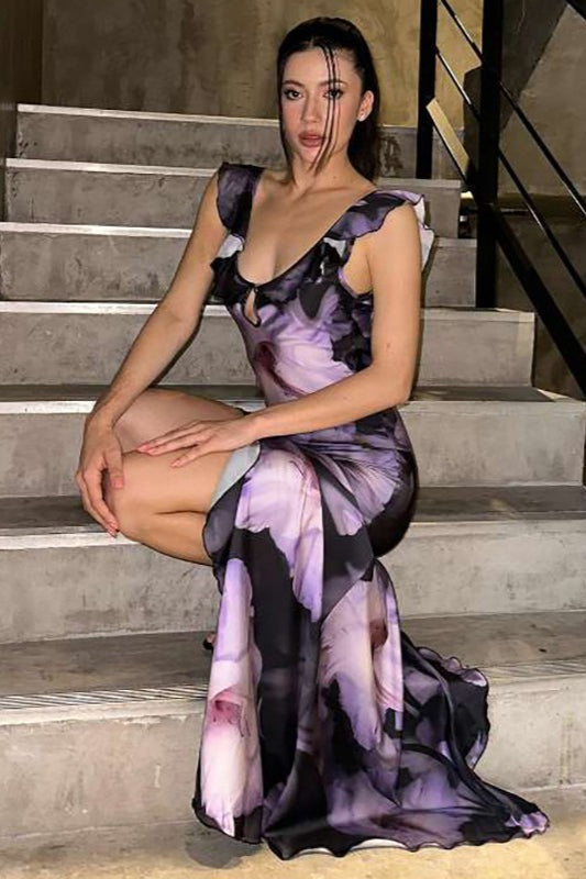 Purple Wide Strap Scoop Neck Keyhole Ruffle Strap High Slit Maxi Dress 2