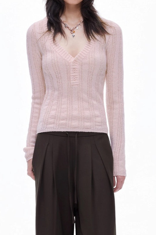 Openwork Wool Blend VNeck Knit Top
