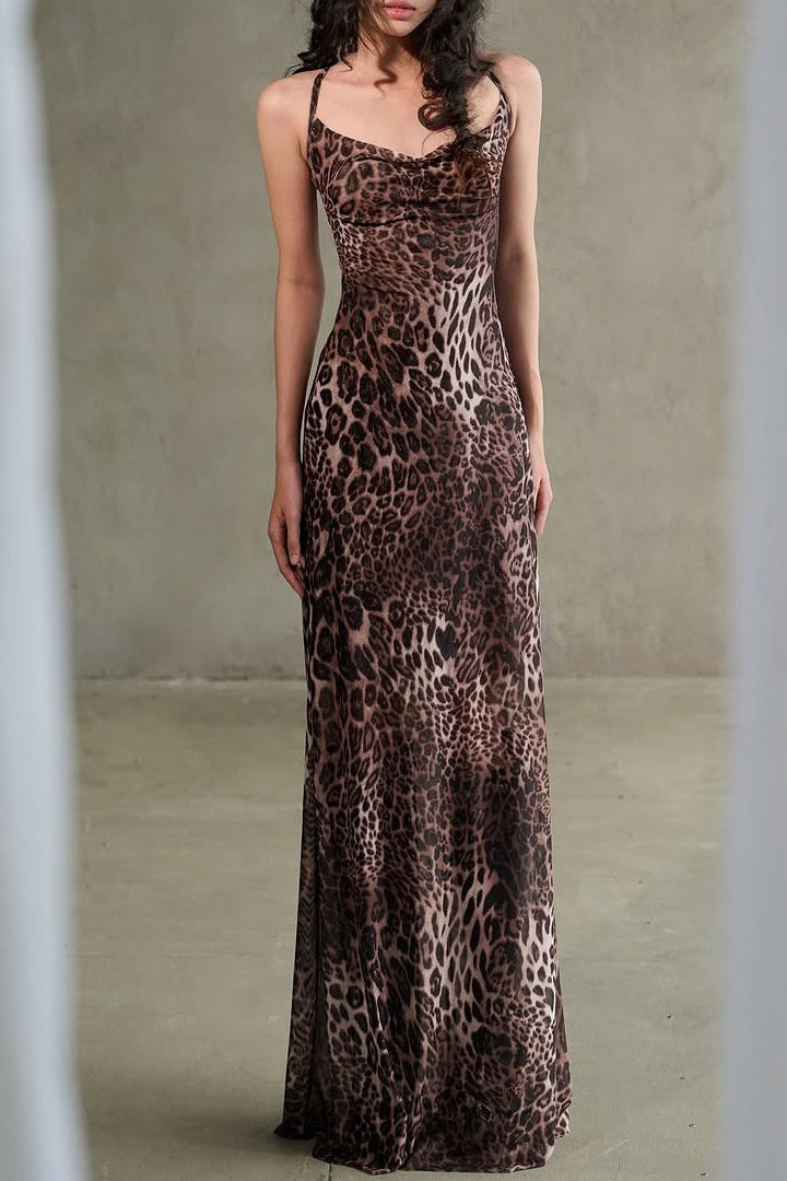 Leopard Print Backless Spaghetti Strap Party Dress