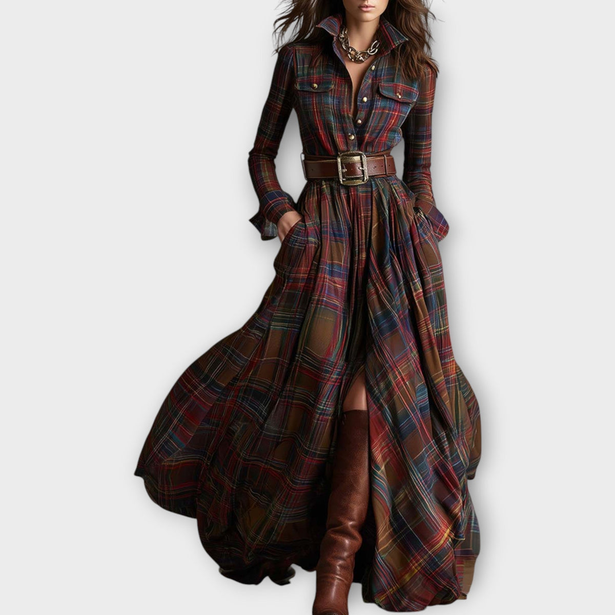 Collared Plaid Long Sleeve Belted Button-Front Flowing Maxi Shirt Dress