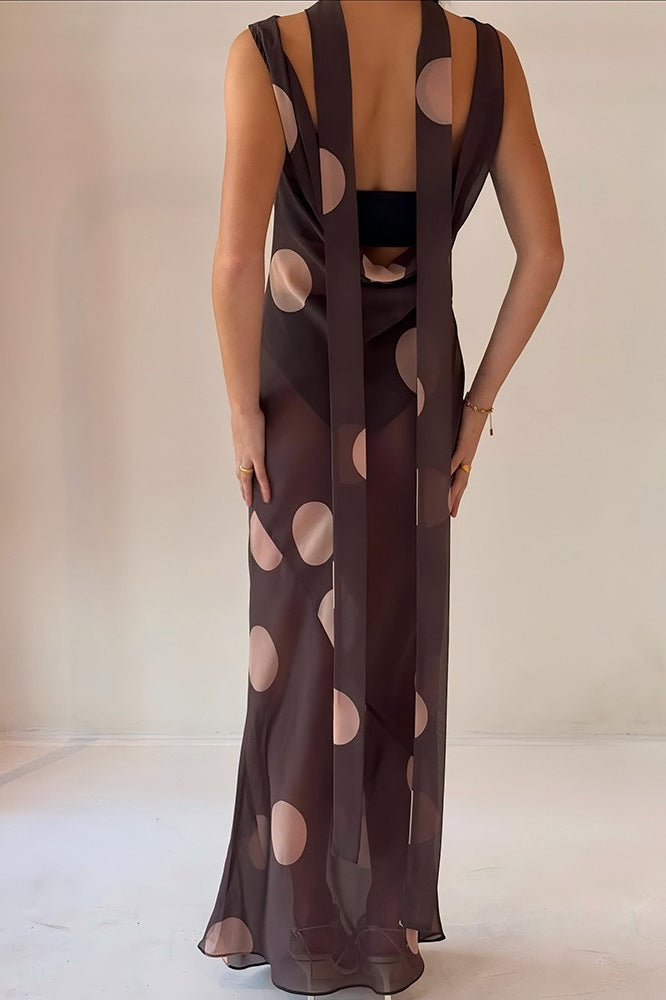 Brown Polka Dot Sleeveless Bodycon Maxi Dress 4