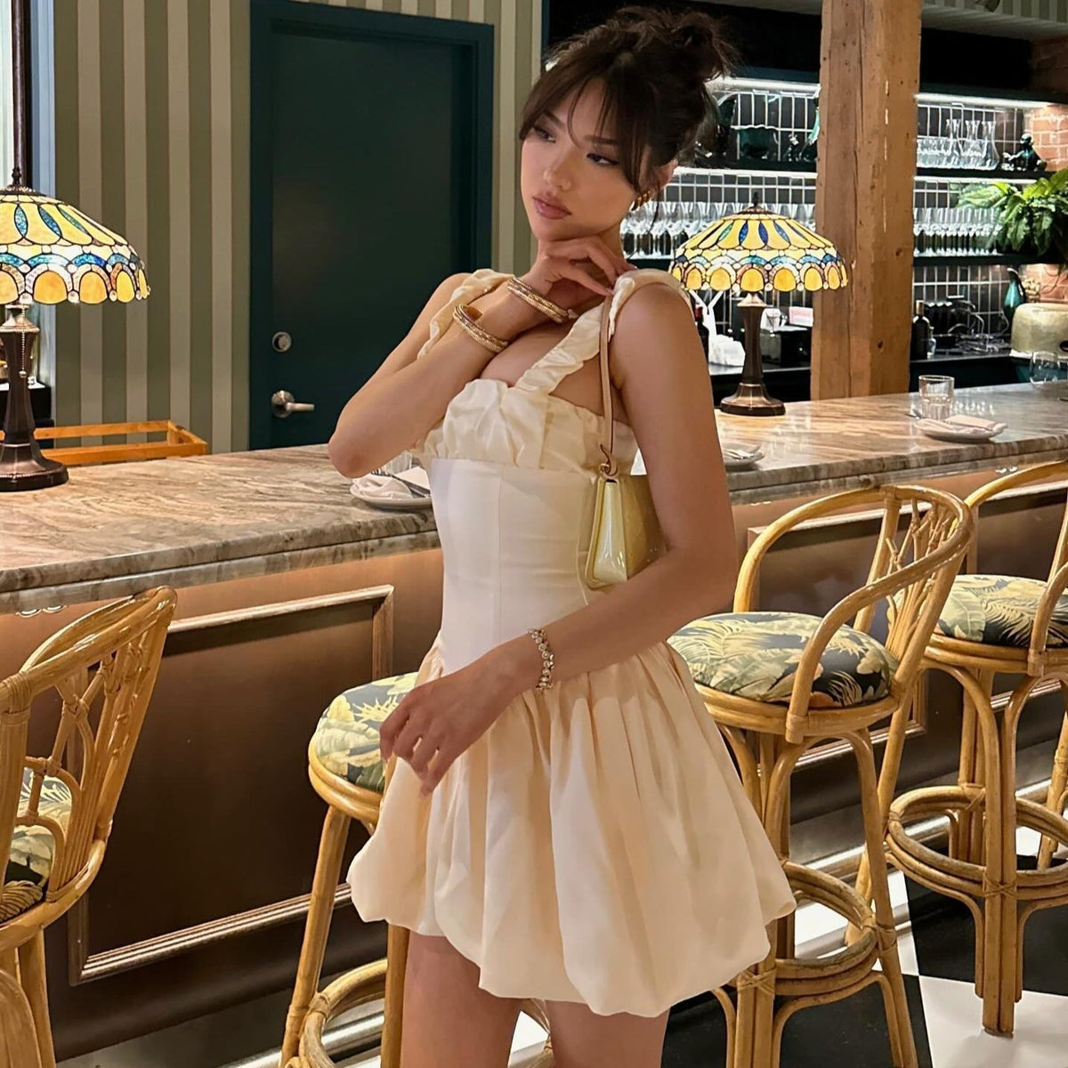 Square Neck Ruched Strap Corset Satin Bubble Hem Mini Dress