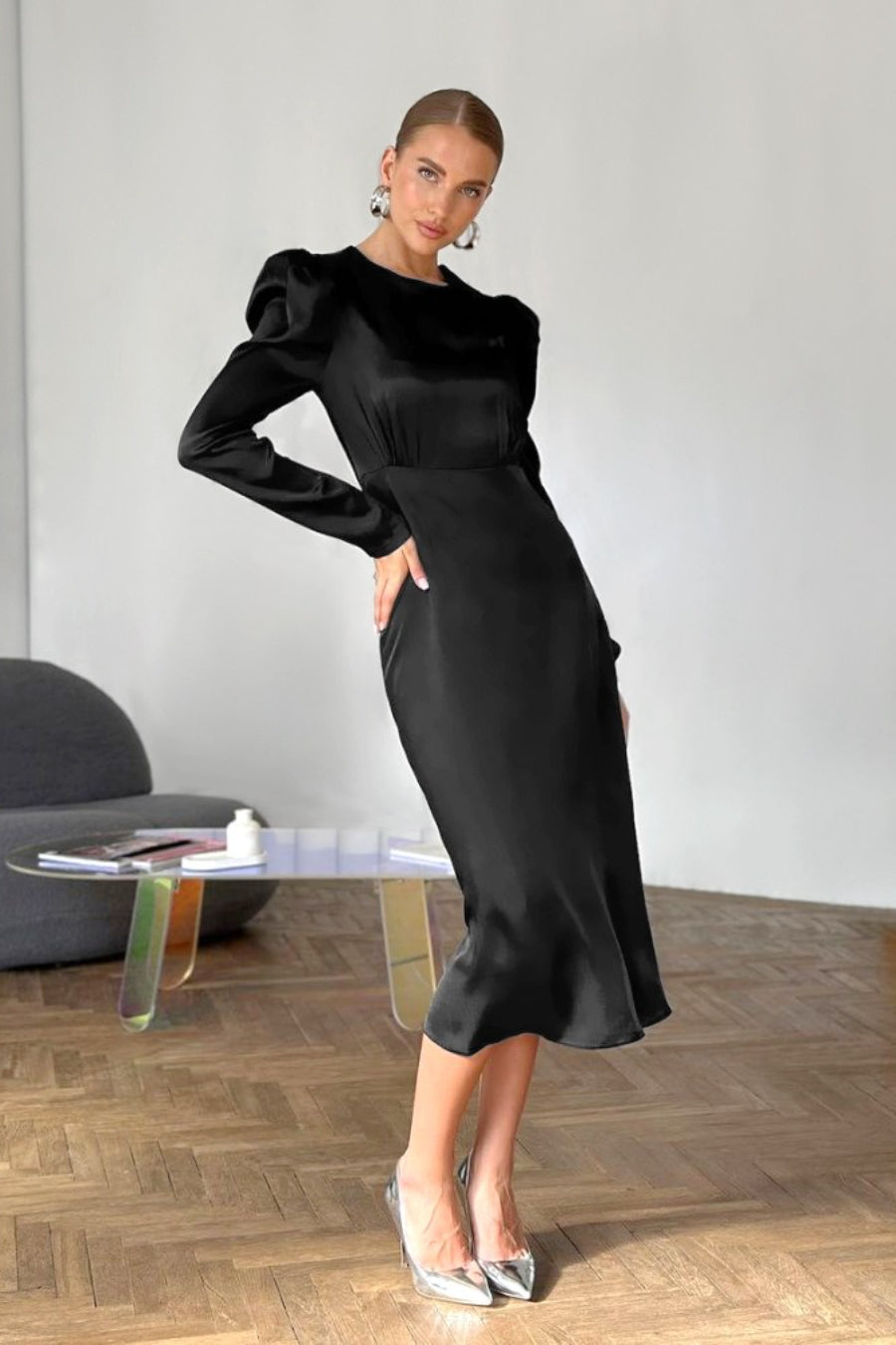 Black Satin Puff Sleeve Midi Dress