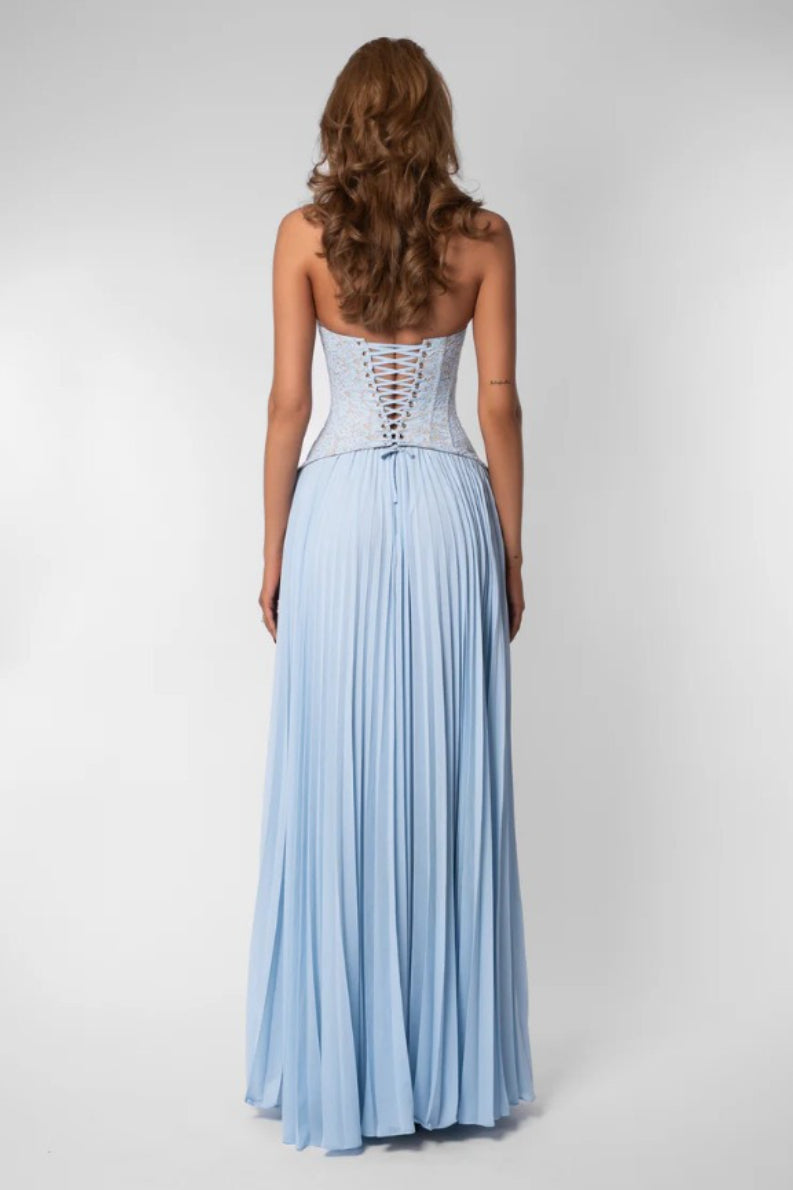 Halter Deep V Neck Lace Bodice Accordion Pleated Maxi Dress 10