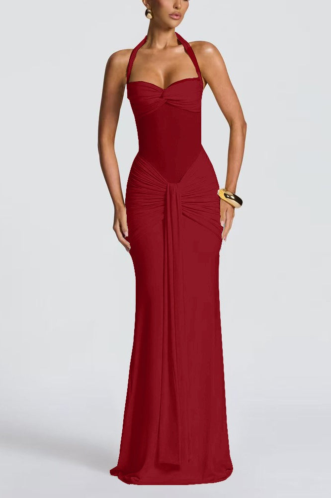 Ruched Halter Drape Tie Curve Long Slip Dress