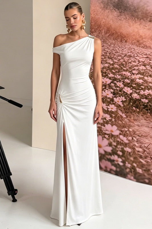 Sleeveless Asym Off Shoulder Slit Party Dress