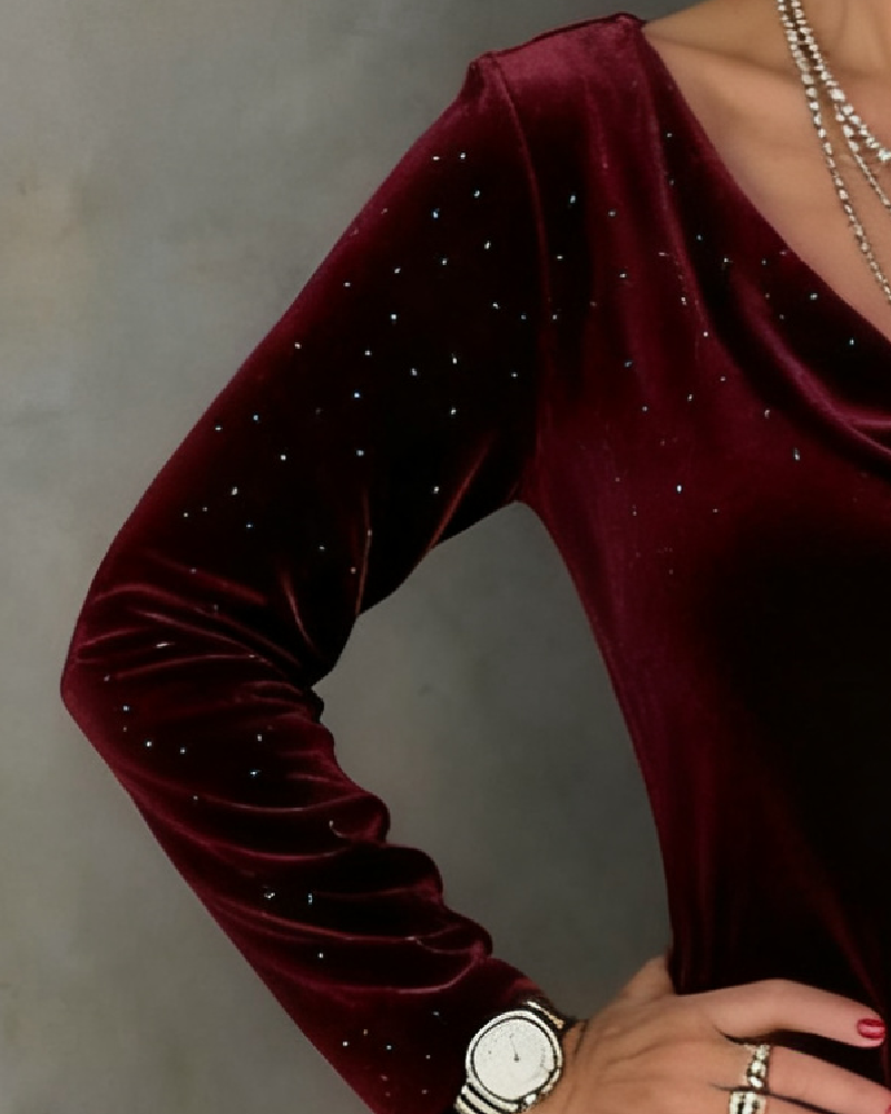 Red Cowl Neck Rhinestone Velvet Long Sleeve Bodycon Midi Dress