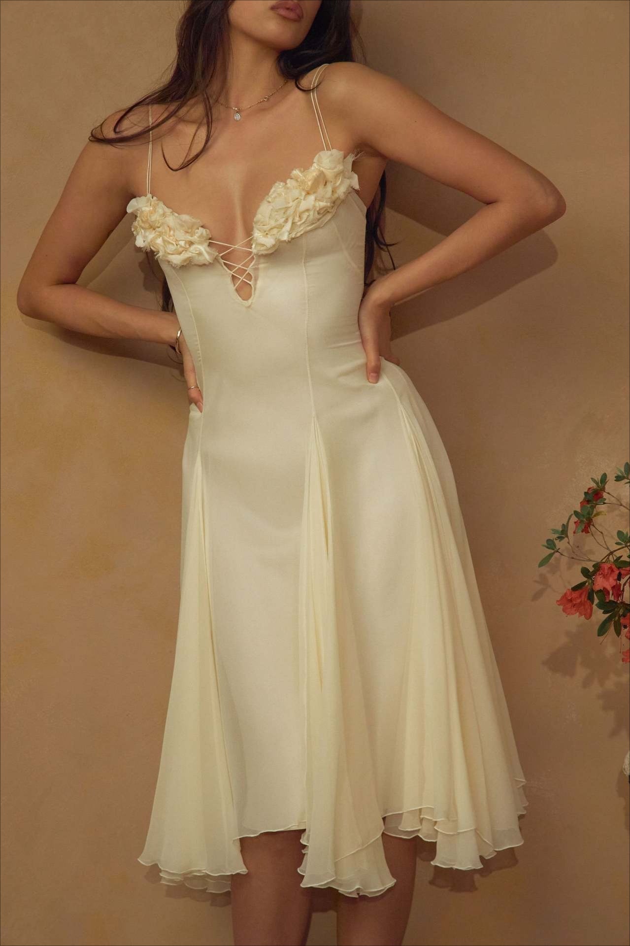 Deep V 3D Floral Sheer Midi Party Dress