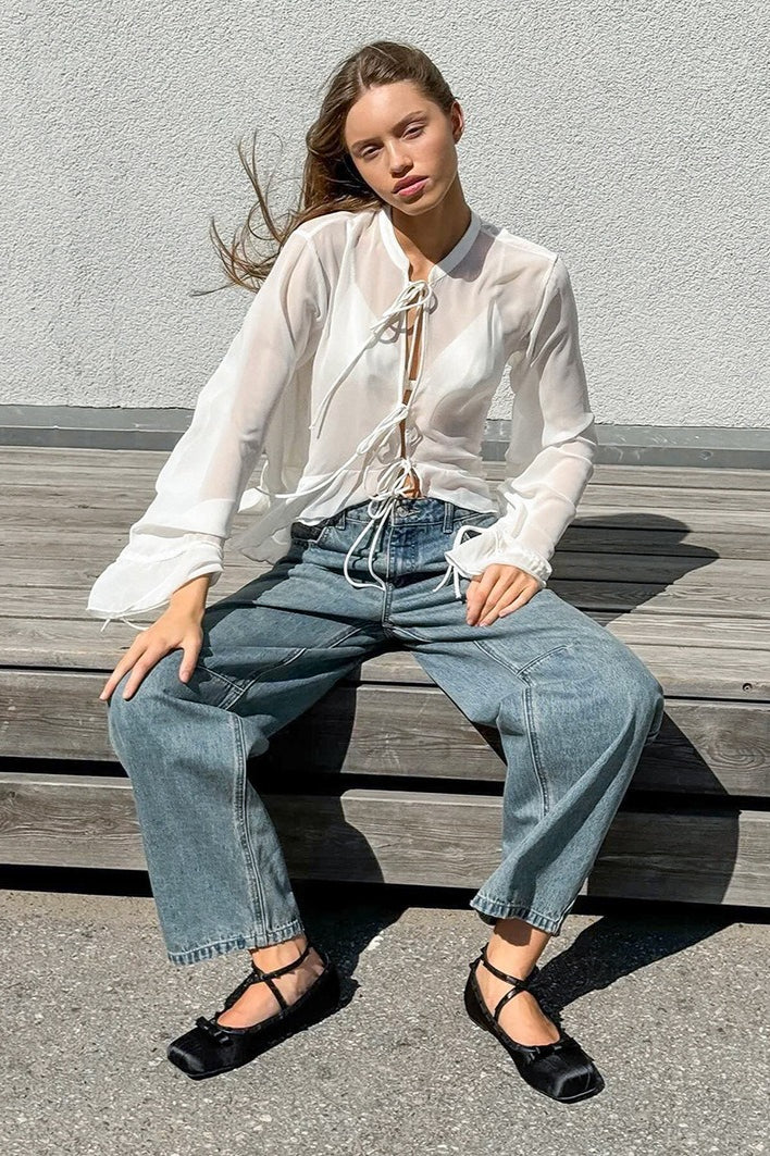 White Tie-Front Loose Stand-Collar Blouse