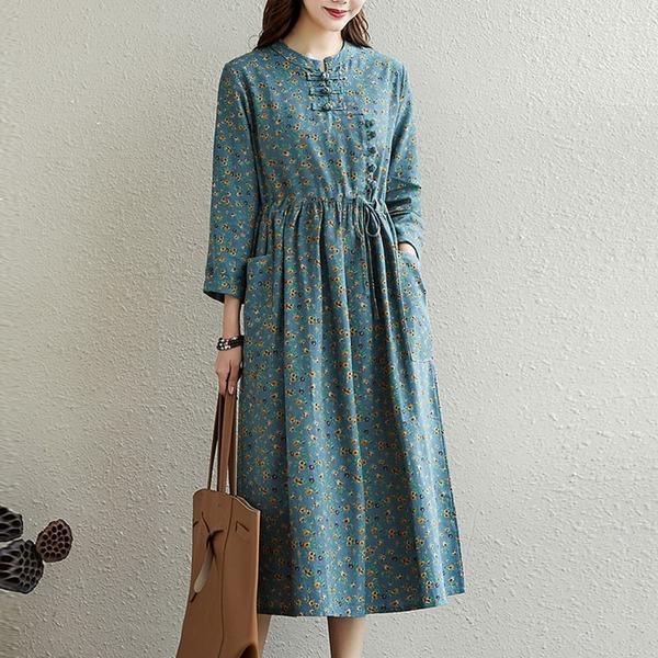 Autumn Vintage Style Floral Print Stand Collar Loose Female Casual Dresses