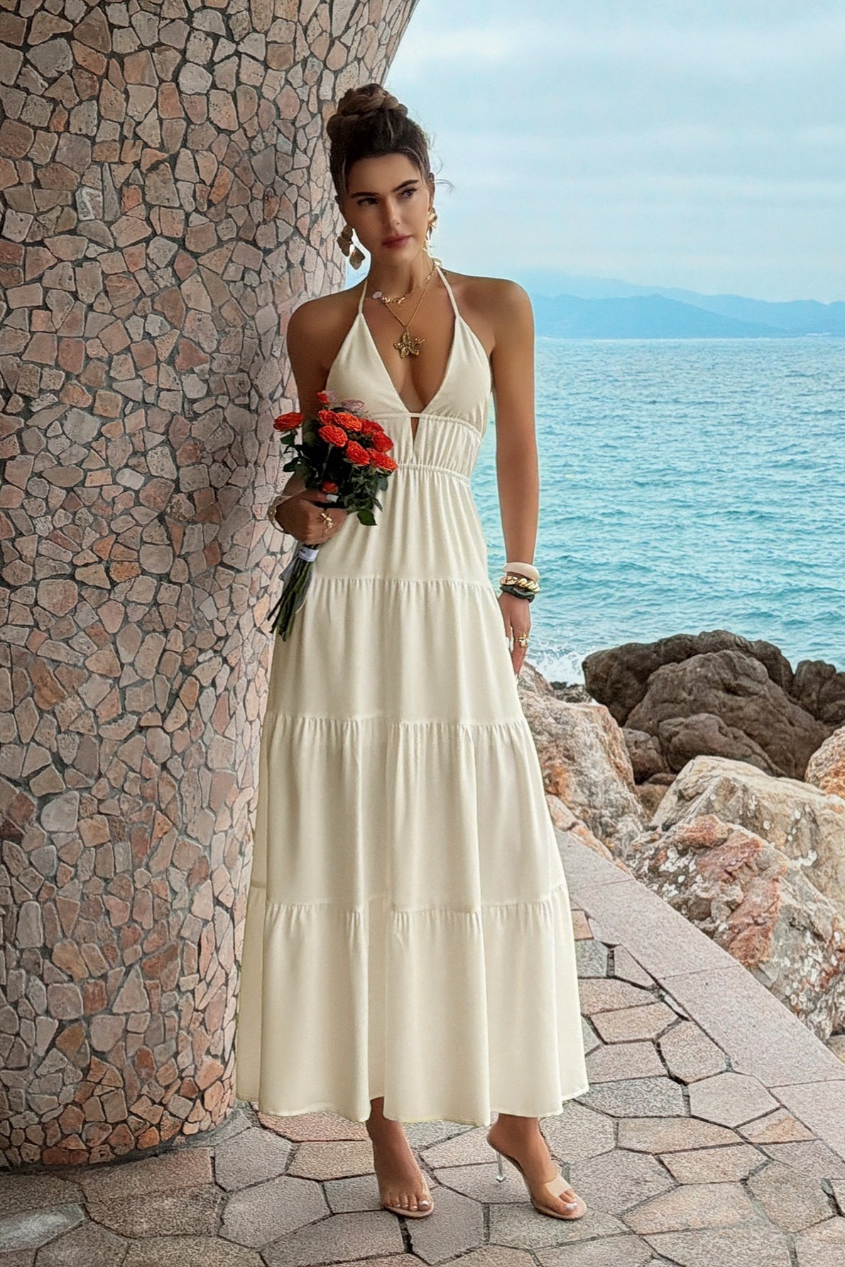 Deep V Neck Halter Smocked Waist Tiered Maxi Dress 4