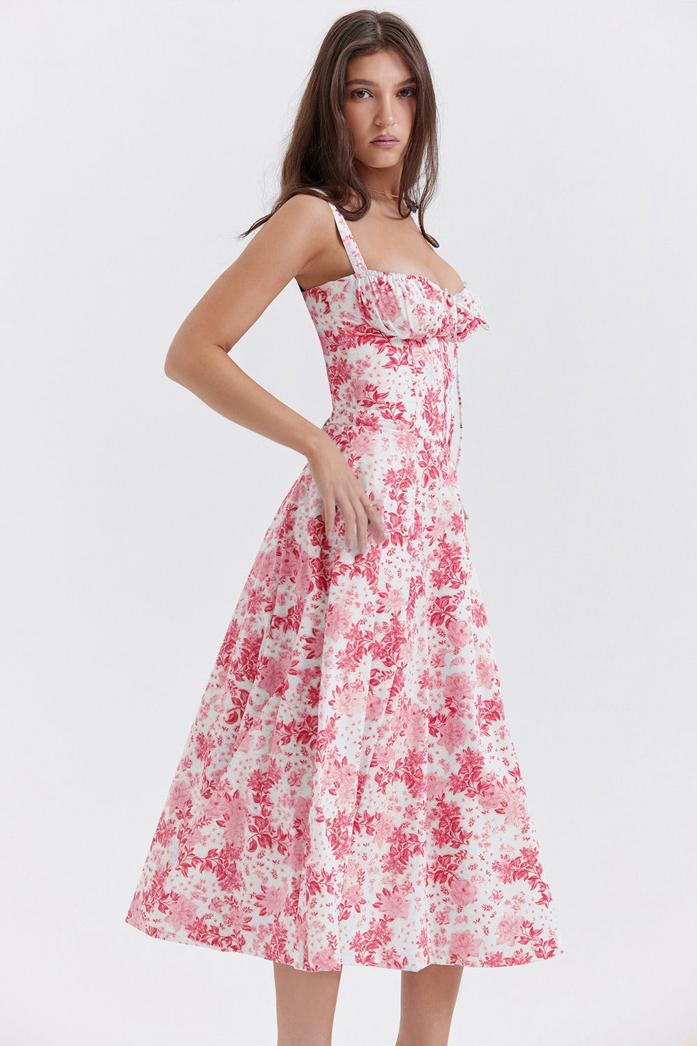Wide Strap Sweetheart Ruched Bust Toile Floral Print A-Line Midi Dress 8
