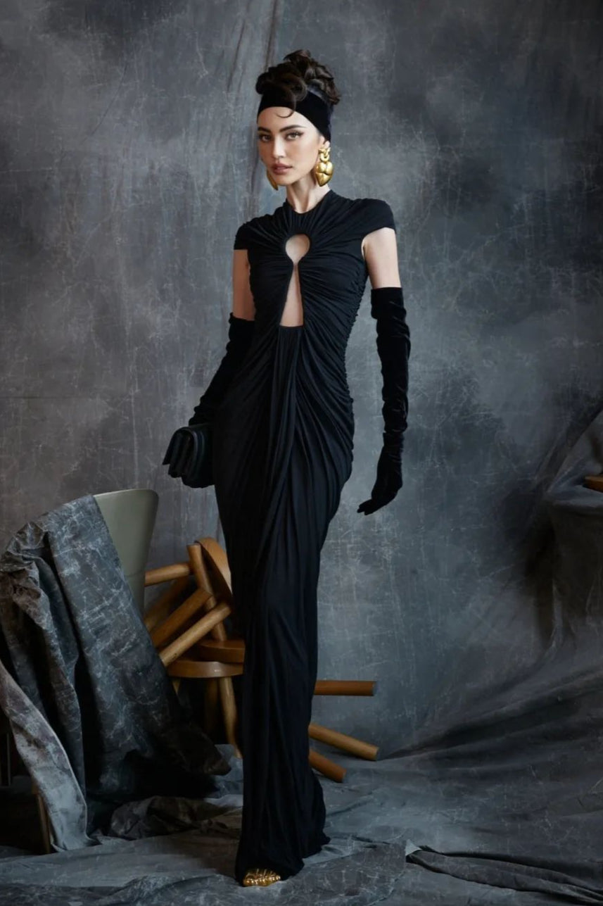 Black Mesh Cutout Slim Vintage Evening Party Dress