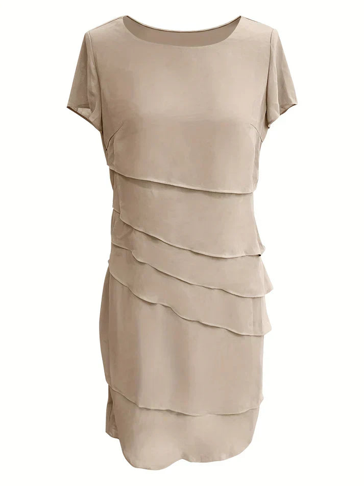 Amadis Minimalist Cotton Layered Trim Round Neck Short Sleeve Evening Dress for Women Premium Wardrobe Essential